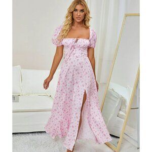 Pink Floral Puff Sleeve Tie Front Split Thigh Milkmaid Dress | Size S